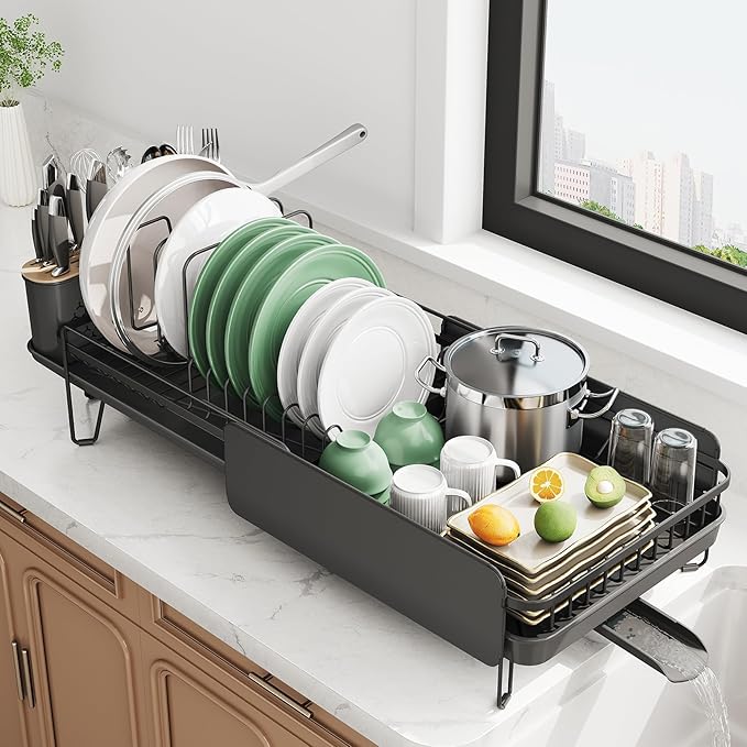 SNTD Large Dish Drying Rack - Expandable (19.3" to 29.4") Dish Rack for Kitchen Counter, Stainless Steel Dish Drainer with Utensil Holder, Pan Holder & Pot Lid Holder (Black) by SNTD
