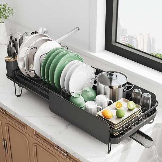 SNTD Large Dish Drying Rack - Expandable (19.3" to 29.4") Dish Rack for Kitchen Counter, Stainless Steel Dish Drainer with Utensil Holder, Pan Holder & Pot Lid Holder (Black) by SNTD