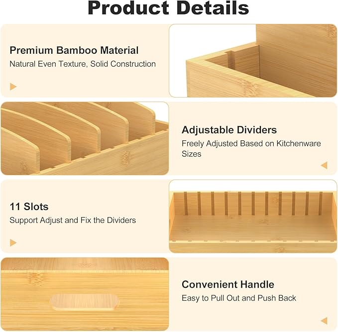 Housolution Pull Out Food Container Lid Organizer with Sliding Rail, Slide Out Plastic Lid Holder Compatible with Tupperware, Bamboo Storage Box with 5 Adjustable Dividers for Kitchen Cabinet, 2 Pack - Image 4
