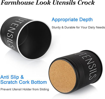 Kitchen Utensil Holder, 6.7" Utensil Holder for Kitchen Counter, Cooking Utensil Crock with Cork Bottom, Modern Farmhouse Decor, Countertop Utensil Storage Organizer Caddy, Black - Image 3