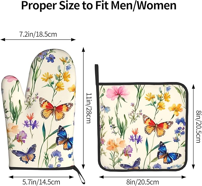 Vintage Floral Oven Mitts and Pot Holders Spring Summer Kitchen Accessories Set of 2 Wildflower Herb Flowers Gloves Potholder for Chef Cooking Baking Grilling BBQ - Image 3
