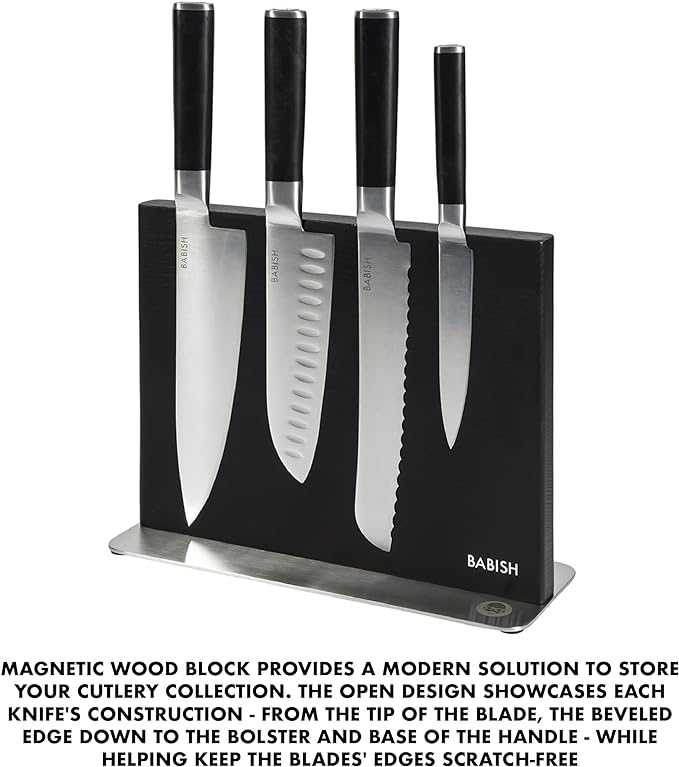 Babish 5-Piece Magnetic Forged Kitchen Knife Block Set – 1.4116 German Steel Cutlery with Magnetic Knife Holder – Professional Chef Knife Set