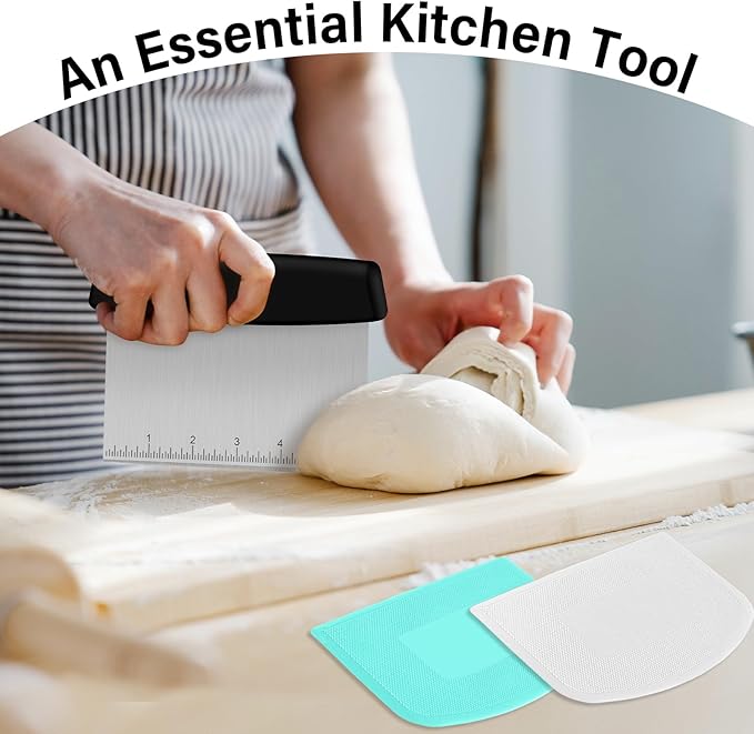 Ecavria Bench Scraper, Premium Stainless Steel Dough Scraper with 2 PCS Flexible Bowl Scraper, Dough Cutter with Measuring Scale, Versatile Kitchen Scraper Set for Pastry Bread Pizza Cake - Image 7