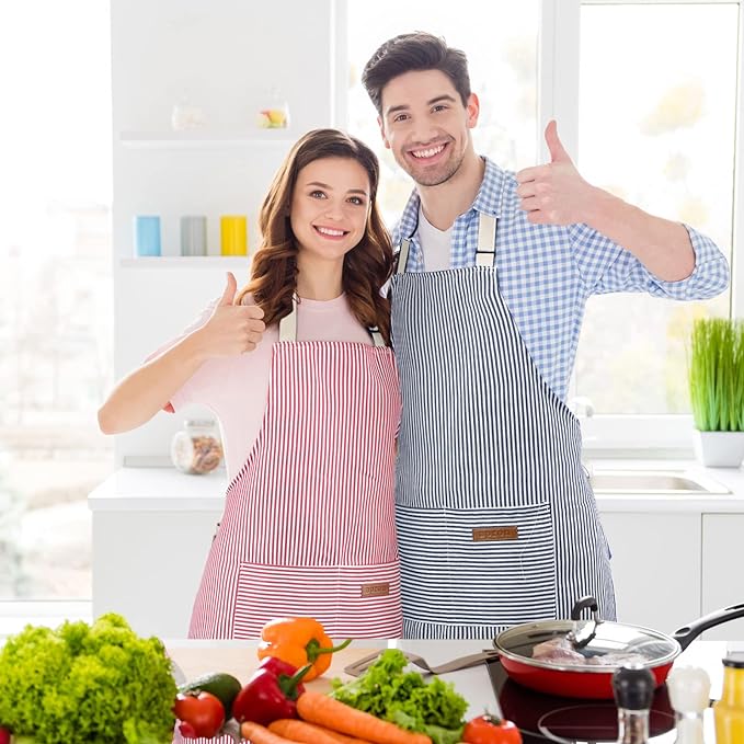 Handepo 12 Pcs Cotton Aprons for Women Men with Pockets Soft Adjustable Bib Stripe Aprons for Cooking Kitchen Chef - Image 5