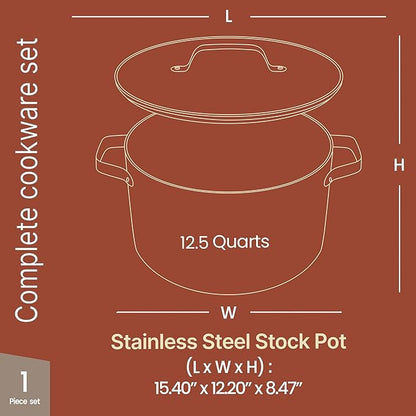 Bakken 12.5 Quart Ceramic Coated Stock Pot with Lid, Easy Clean Nonstick Pot, Tempered Glass Lid, Riveted Stainless Steel Handles, Oven Safe Up To 500°F, PTFE & PFAS Free, All Stove Compatible, Black - Image 2