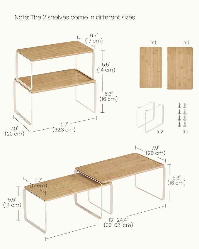 SONGMICS HOME Cabinet Organizer Shelf, Set of 2 Kitchen Counter Shelves, Kitchen Storage, Spice Rack, Stackable, Expandable, Metal and Bamboo, Light Bamboo UKCS050N01 - Image 3