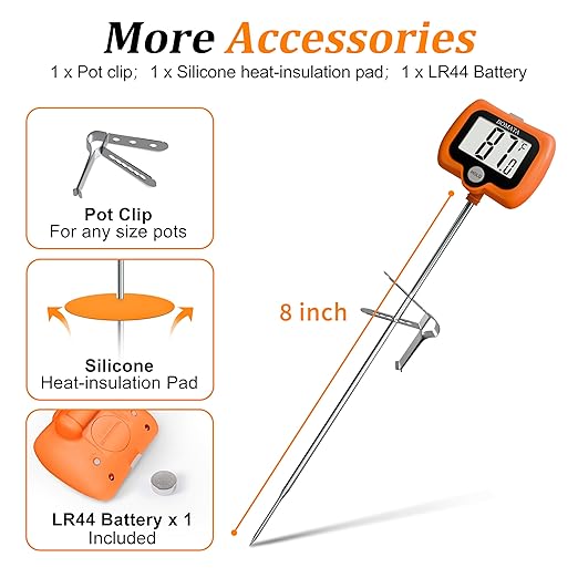 BOMATA Digital Candy Thermometer with Pot Clip, Deep Fry Oil Thermometer with Rotatable Display & Long Probe, for Candy Candle Making, Cooking, Food, Liquids, Water, Sugar.. Orange
