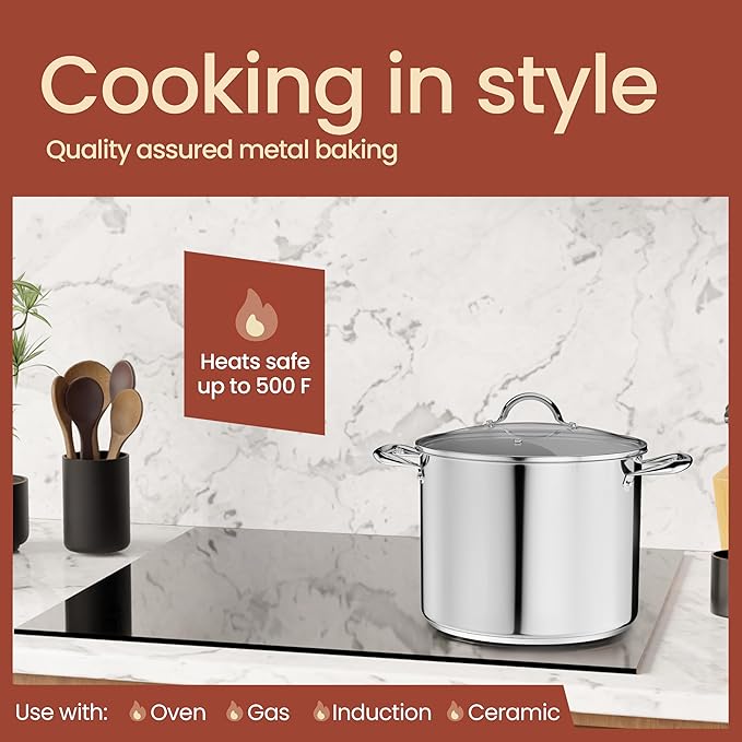 Stainless Steel Stockpot with Tempered Glass Lid 14 Quart, Durable 18/0 Stainless Steel, Impact-Bonded Base for Even Heating, Riveted Handles, Oven & All Stove Compatible, Safe Up To 500°F (260°C) - Image 3