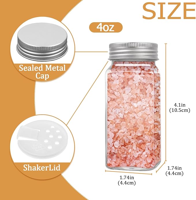 ZUFECY 4oz Glass Spice Bottles with Shaker Lids, Restaurant & Home Kitchen Storage | Square Air-Tight Containers for Spices, Salt, Pepper (Set of 6, 120ml)​ - Image 2
