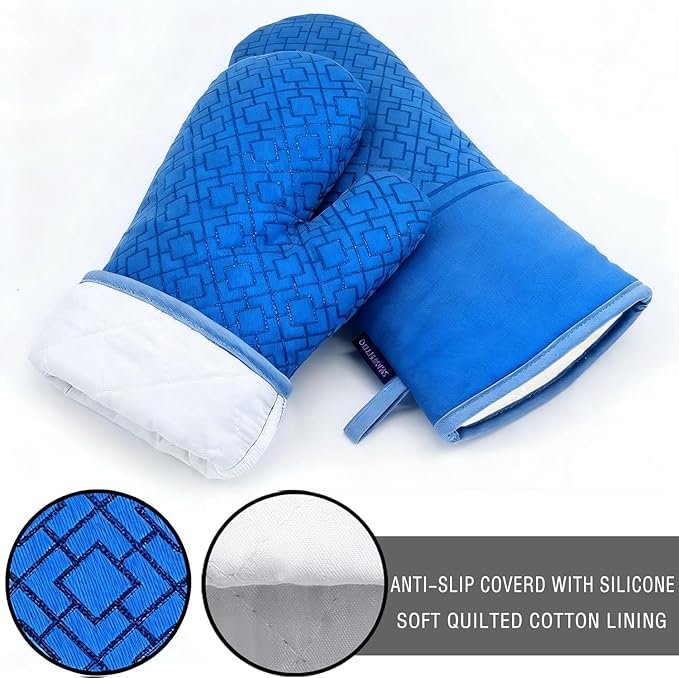 Oven Mitts and Pot Holders Sets 6pcs, Kitchen Oven Glove,High Heat Resistant 550 Degree Extra Long Oven Mitts and Potholders with Non-Slip Silicone Surface for Home Essentials (Grey) (Navy Blue) - Image 3