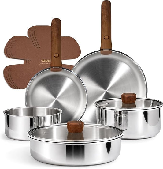 CAROTE 13 PCS Tri-Ply Stainless Steel Cookware Set with Detachable Handle, Pots and Pans Set, Induction Kitchen Cooking Sets, RV/Camping Cookware, Oven Safe by CAROTE