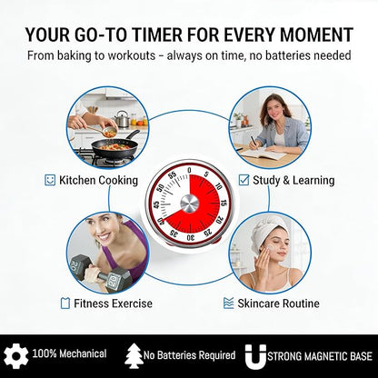 Kitchen Magnetic Visual Cooking Mechanical Timer with Loud Alarm, No Batteries Required, Stainless Steel, Countdown 60 Minute Wind Up Timer for Study, Chef, Teacher, Office (Red with Bracket)