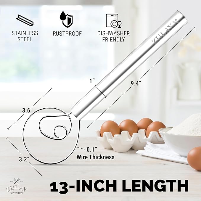 Zulay Kitchen 13-Inch Danish Dough Whisk - Stainless Steel Danish Whisk for Cooking with Dough Hook - Traditional Dutch Whisk - Bread Whisk for Sourdough, Pizza, Pastry, Cake Batter - Stainless Steel - Image 2