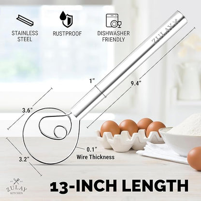 Zulay Kitchen 13-Inch Danish Dough Whisk - Stainless Steel Danish Whisk for Cooking with Dough Hook - Traditional Dutch Whisk - Bread Whisk for Sourdough, Pizza, Pastry, Cake Batter - Stainless Steel - Image 2