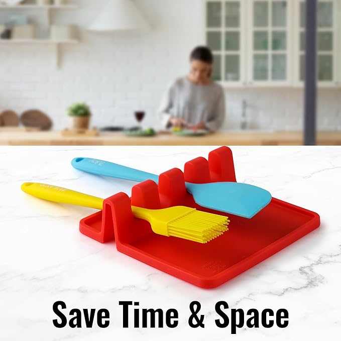 Zulay Kitchen Silicone Utensil Rest with Drip Pad for Multiple Utensils - BPA-Free, Heat-Resistant Spoon Rest & Spoon Holder for Stove Top - Kitchen Utensil Holder for Ladles & Tongs - Red - Image 7