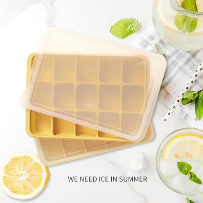 Tvmania Ice Cube Trays Set of 2, Easy Release 15 Flexible Silicone Ice Cube Molds with Removable Lid Reusable Freezer Ice Trays Stackable for Whiskey, Baby Food, BPA Free (yellow) - Image 2