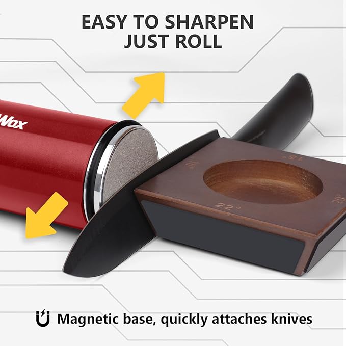 Knife Sharpener,Longer Rolling Knife Sharpener Kit,Diamond & Ceramic Knife Sharpening System with Leather Strop,4 Angle Guide, Replaceable Discs for All Kitchen Knives