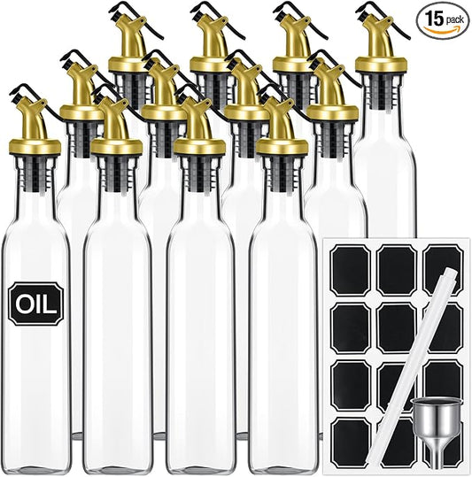 Hushee 12 Pcs Clear Glass Olive Oil Dispenser Bottles Sets Include 8oz Glass Bottle with Spout Oil Vinegar Cruet Container for Kitchen Stainless Steel Funnel Black Labels with White Pen(Gold) by Hushee