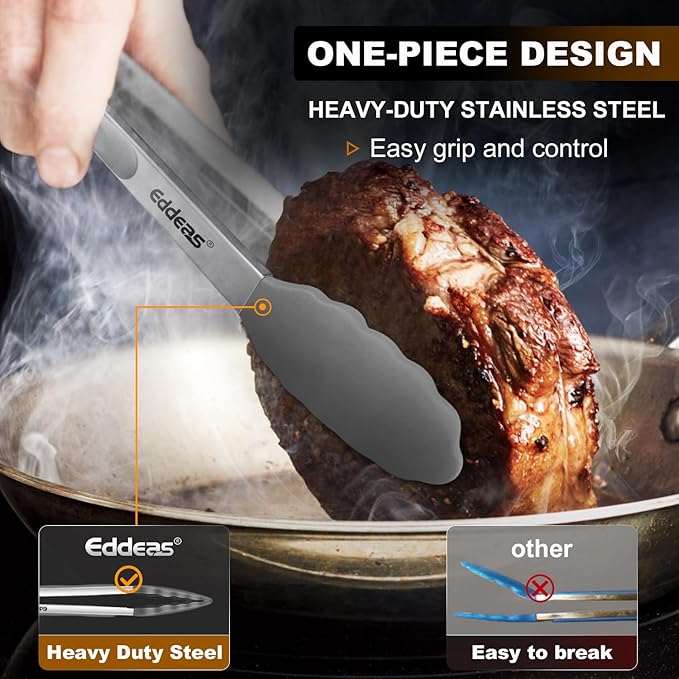Kitchen Tongs with Silicone Tips - Heat Resistant 600 Degrees Stainless Steel Locking Cooking Tongs with Rubber Tips, Non-Stick Food Tongs for Cooking, Heavy Duty, Set of 3-7" 9" and 12" Grey - Image 2