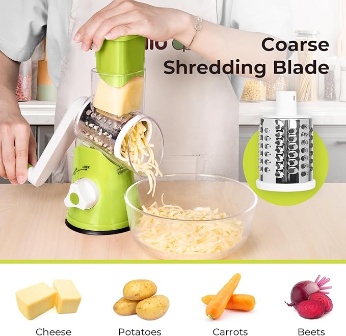 X Home Rotary Cheese Grater for Kitchen, Shredder with 3 Interchangeable Blades, Rotary Grater with Handle and Strong Suction Base, for Vegetables, Fruit, Nuts, Easy to Use and Clean, Green - Image 2