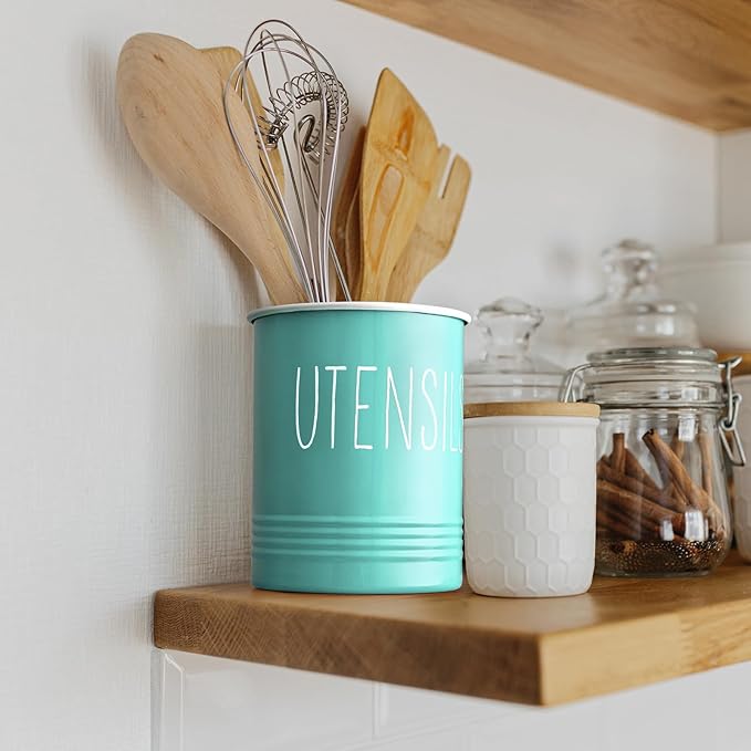 Bivvclaz Teal Kitchen Utensil Holder, 6.7" Utensil Holder for Kitchen Counter, Cooking Utensil Crock with Cork Bottom, Turquoise Decor and Accessories, Countertop Utensil Storage Caddy Organizer - Image 6