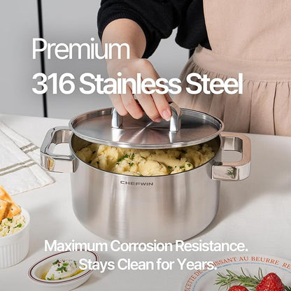 316 Stainless Steel 3.6 Quart Heavy Duty Soup Pot with Lid Cooking Pot, 5Ply,Induction Compatible, Dishwasher Safe, Heat-Resistant Silicone Handle