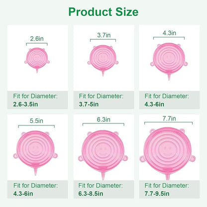 Silicone Stretch Lids – 6 Pack Reusable Food Covers,Flexible Silicone for Bowls, Containers, Fruits – Airtight & Leakproof Seal for Kitchen Storage(pink)