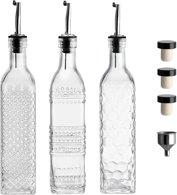 MDLUU Oil and Vinegar Dispenser Set, 17oz Clear Glass Olive Oil Bottles, Kitchen Vinegar Decanters with 3 Spouts, 3 Plugs, 1 Funnel, Pack of 3 - Image 9