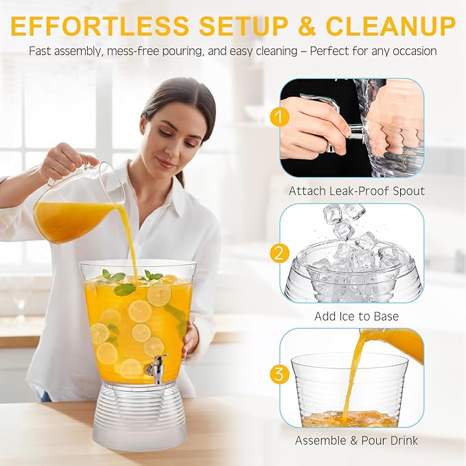 Nuenen 2 Sets of 2.6 Gallon Beverage Dispensers for Parties, Clear Plastic Drink Juice Dispensers with Spigot and Drip Tray Beverage Water Fountains for Wedding Birthday Party Cold Hot Drinks - Image 5