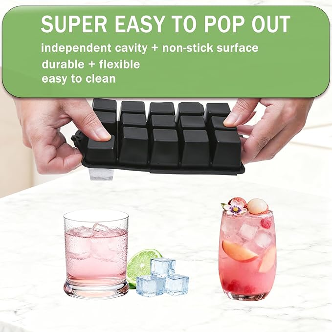 Ice Cube Trays for Freezer, 2 Pack Easy Release Slicone Ice Cube Tray with Lid, BPA Free Stackable Flexible Ice Molds 15 Square Reusable Ice Cubes for Whiskey, Baby Food, Iced Coffee (Black) - Image 3