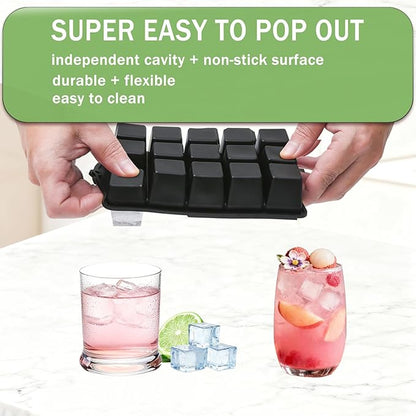 Ice Cube Trays for Freezer, 2 Pack Easy Release Slicone Ice Cube Tray with Lid, BPA Free Stackable Flexible Ice Molds 15 Square Reusable Ice Cubes for Whiskey, Baby Food, Iced Coffee (Black) - Image 3