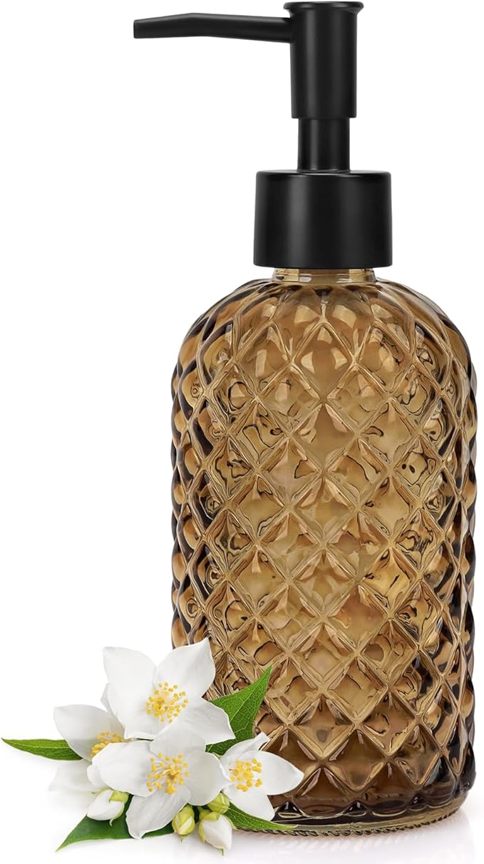 Topsky Gem Glass Soap Dispenser with Black Plastic Pump, 13oz Liquid Hand Soap Dispenser, Rustproof Pump for Kitchen & Bathroom, Great for Lotions, Essential Oil, Liquid Soaps-Amber by HomeandKitchenNO1
