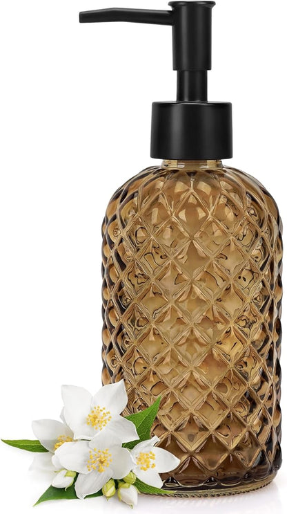 Topsky Gem Glass Soap Dispenser with Black Plastic Pump, 13oz Liquid Hand Soap Dispenser, Rustproof Pump for Kitchen & Bathroom, Great for Lotions, Essential Oil, Liquid Soaps-Amber by HomeandKitchenNO1