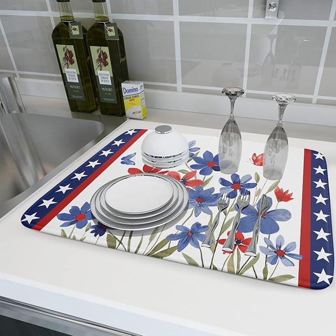 Giwawa 4th of July Flower Dish Drying Mat 18"x24" Independence Day Stars Dish Drainer Mats Watercolor Patriotic Floral Microfiber Dish Drying Rack Pad for Kitchen Countertop Large Decor