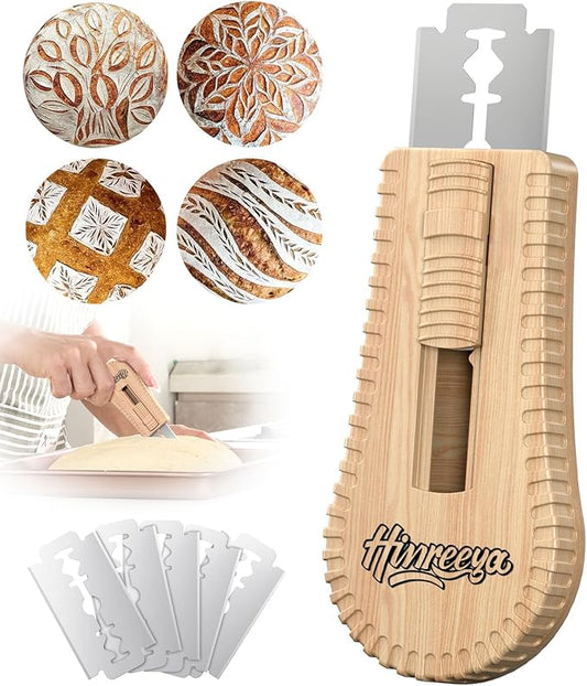 Sourdough Bread Lame, Magnetic Dough Scoring Tool with 5 Replaceable Blades, Ergonomic Handle for Easy Scoring, Ideal for Artisan Breads, Baguettes, and Bread Making Supplies (Wood)