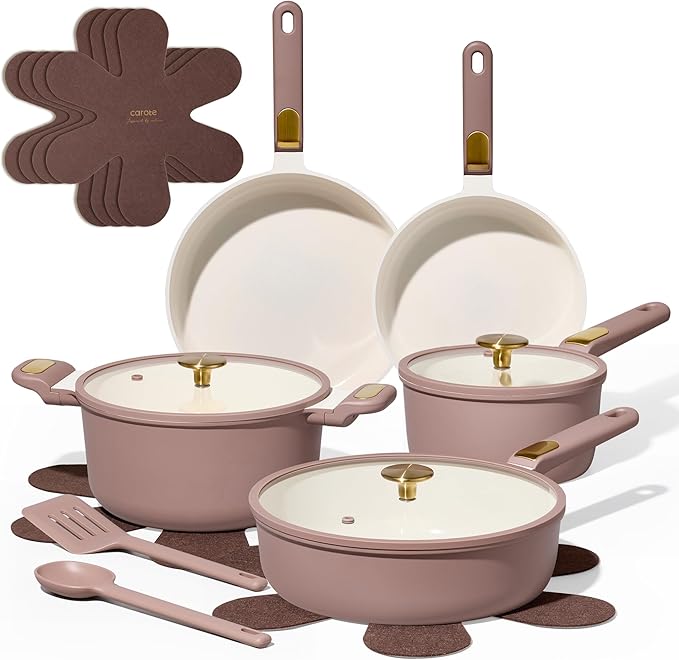 CAROTE Ceramic Cookware Set, Pots and Pans Set Non stick, 14-Piece Induction Cookware, Non toxic Healthy Non Stick Kitchen Cooking Set, with Frying Pans Set,Large Capacity Soup Pot by CAROTE