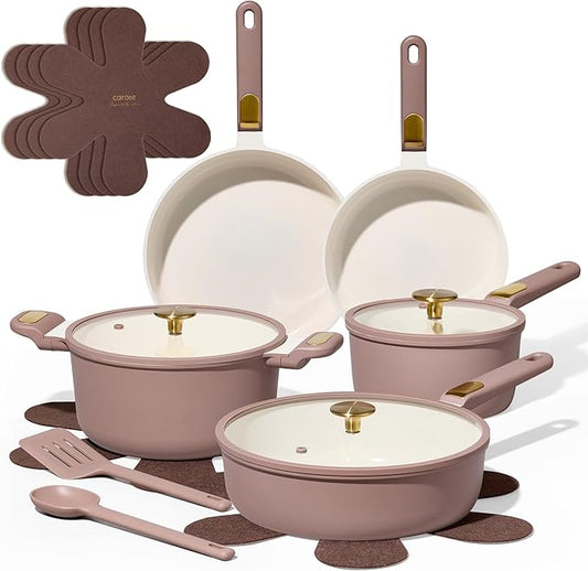 CAROTE Ceramic Cookware Set, Pots and Pans Set Non stick, 14-Piece Induction Cookware, Non toxic Healthy Non Stick Kitchen Cooking Set, with Frying Pans Set,Large Capacity Soup Pot by CAROTE