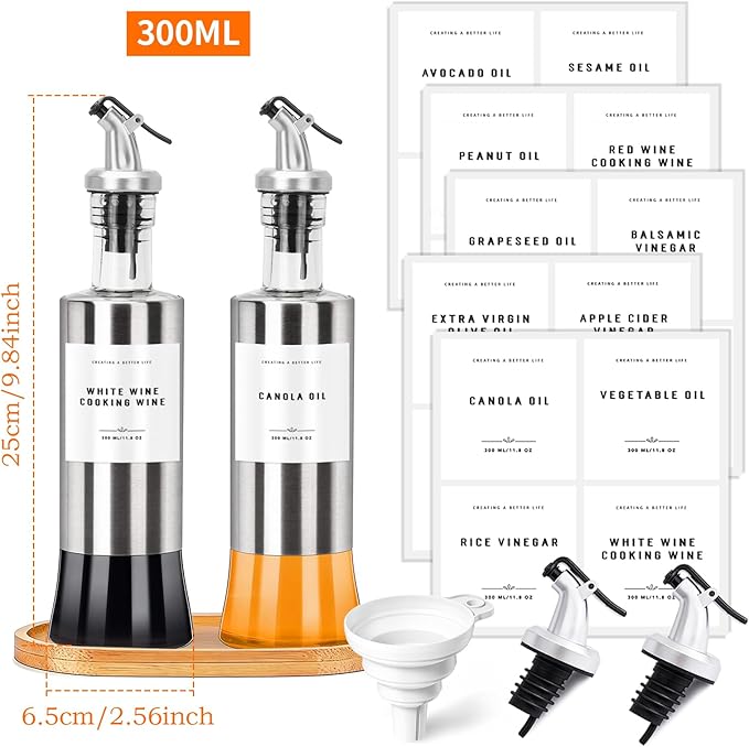 Olive Oil Dispenser Bottles for Kitchen with Bamboo Tray, Oil and Vinegar Dispenser Set, Stainless Steel Glass Dispensers for Kitchen, Dispenser Bottle of 300ml - Set of 2 - Image 2