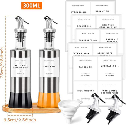 Olive Oil Dispenser Bottles for Kitchen with Bamboo Tray, Oil and Vinegar Dispenser Set, Stainless Steel Glass Dispensers for Kitchen, Dispenser Bottle of 300ml - Set of 2 - Image 2