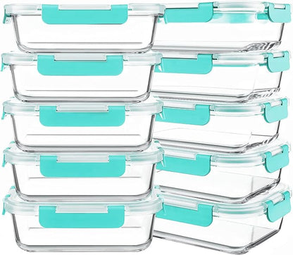 KOMUEE 10 Packs 30 oz Glass Meal Prep Containers,Glass Food Storage Containers with Lids,Airtight Lunch Bento Boxes, Microwave, Oven, Freezer and Dishwasher,Green by KOMUEEUS