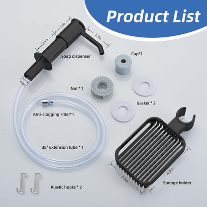 Soap Dispenser for Kitchen Sink, Built in Soap Dispenser Pump with Sponge Holder, Under Counter Black ABS Pump Head with 38" Extension Tube Kit, Good Suction Power (Black)