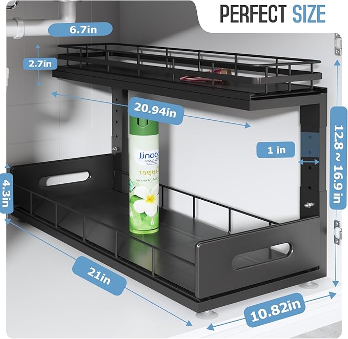 Under Sink Organizer Upgrade To Professional Rails,2-Tier Dual Pull Out Cabinet Storage,Height Adjustable Slide Out Drawers For Bathroom Kitchen,2 Pack-21"Dx12.8"-16.9"H,Black - Image 2