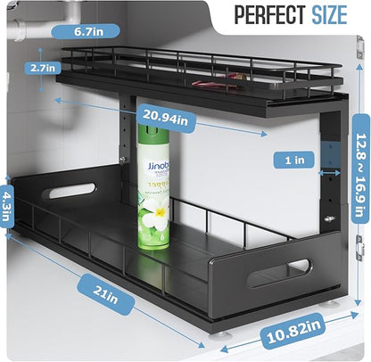 Under Sink Organizer Upgrade To Professional Rails,2-Tier Dual Pull Out Cabinet Storage,Height Adjustable Slide Out Drawers For Bathroom Kitchen,2 Pack-21"Dx12.8"-16.9"H,Black - Image 2
