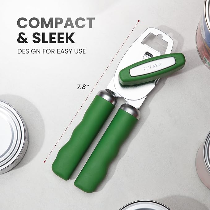 Zulay Kitchen Heavy Duty Stainless Steel Can Opener Manual with Bottle Opener - Rust Proof Manual Can Opener With Turn Knob & Comfy Soft Grip Handles - Artichoke Green - Image 2