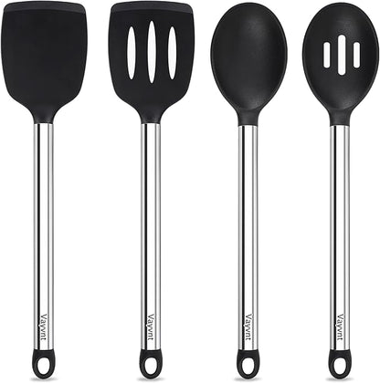 Vayvnt Silicone Cooking Utensils Set for Nonstick Cookware, 4 PCS Kitchen Silicone Spatula and Spoon Set with Stainless Steel Handle, Heat Resistant Kitchen Utensils, Dishwasher Safe, Black