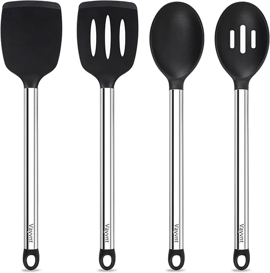 Vayvnt Silicone Cooking Utensils Set for Nonstick Cookware, 4 PCS Kitchen Silicone Spatula and Spoon Set with Stainless Steel Handle, Heat Resistant Kitchen Utensils, Dishwasher Safe, Black