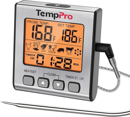 TempPro Digital Meat Thermometer for Cooking and Grilling, BBQ Food Thermometer with Backlight and Kitchen Timer, Grill Temperature Probe Thermometer for Smoker, Oven, Baking,Oil(Previously ThermoPro) by TempPro