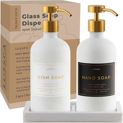 Glass Soap Dispenser Set of 2 (White) with Silicone Tray | Hand and Dish Soap Dispenser for Kitchen and Bathroom | 16.8 Oz Glass Bottles with Stainless Steel Pump & 15 Waterproof Labels (White/Gold)