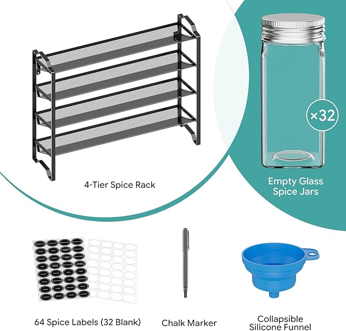 Simple Trending Spice Rack Organizer with 32 Empty Spice Jars, 64 Spice Labels, Chalk Marker and Funnel Set for Cabinet, Countertop, Kitchen, Pantry or Wall Mount, Black - Image 4