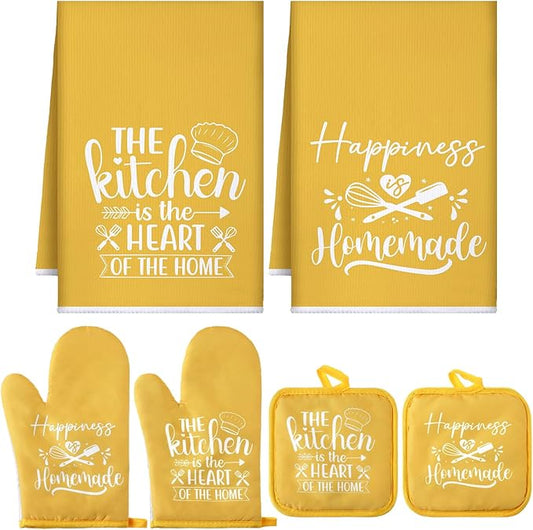 Sratte 6 Pcs Kitchen Decor Accessories Set Farmhouse Towels Pot Holders Oven Mitts Set 2 Dish Towels 2 Potholders 2 Cooking Mittens Oven Glove for Christmas Baking Cooking Supply(Yellow,Kitchen) by Sratte